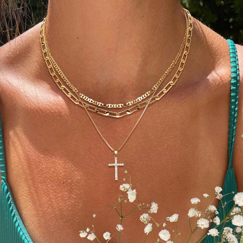 MFRYK Gold/Silver Necklaces Stack For Women,14K Gold/Sterling Silver Plated Simple Layered Choker Necklaces For Women,Stackable Multilayer Pearl Cross Disc Circle Pendant Cuban Herringbone Snake Paperclip Chain Necklaces Set Jewelry Gift for Women - Image 2